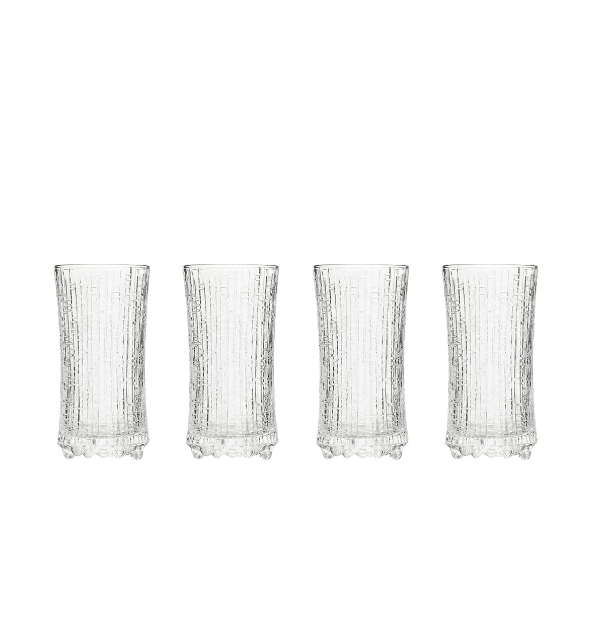 The Ultima Thule Sparkling Wine Glasses 4 Pack features four textured glasses with vertical ridges and decorative bases, inspired by Nordic design, arranged in a row on a white background.