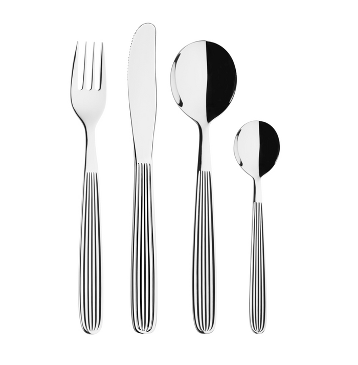 The Scandia Cutlery Gift Box 16pcs includes stainless steel pieces with a shiny finish and vertical striped handles, shown side by side—a fork, knife, tablespoon, and teaspoon—displayed on a white background.