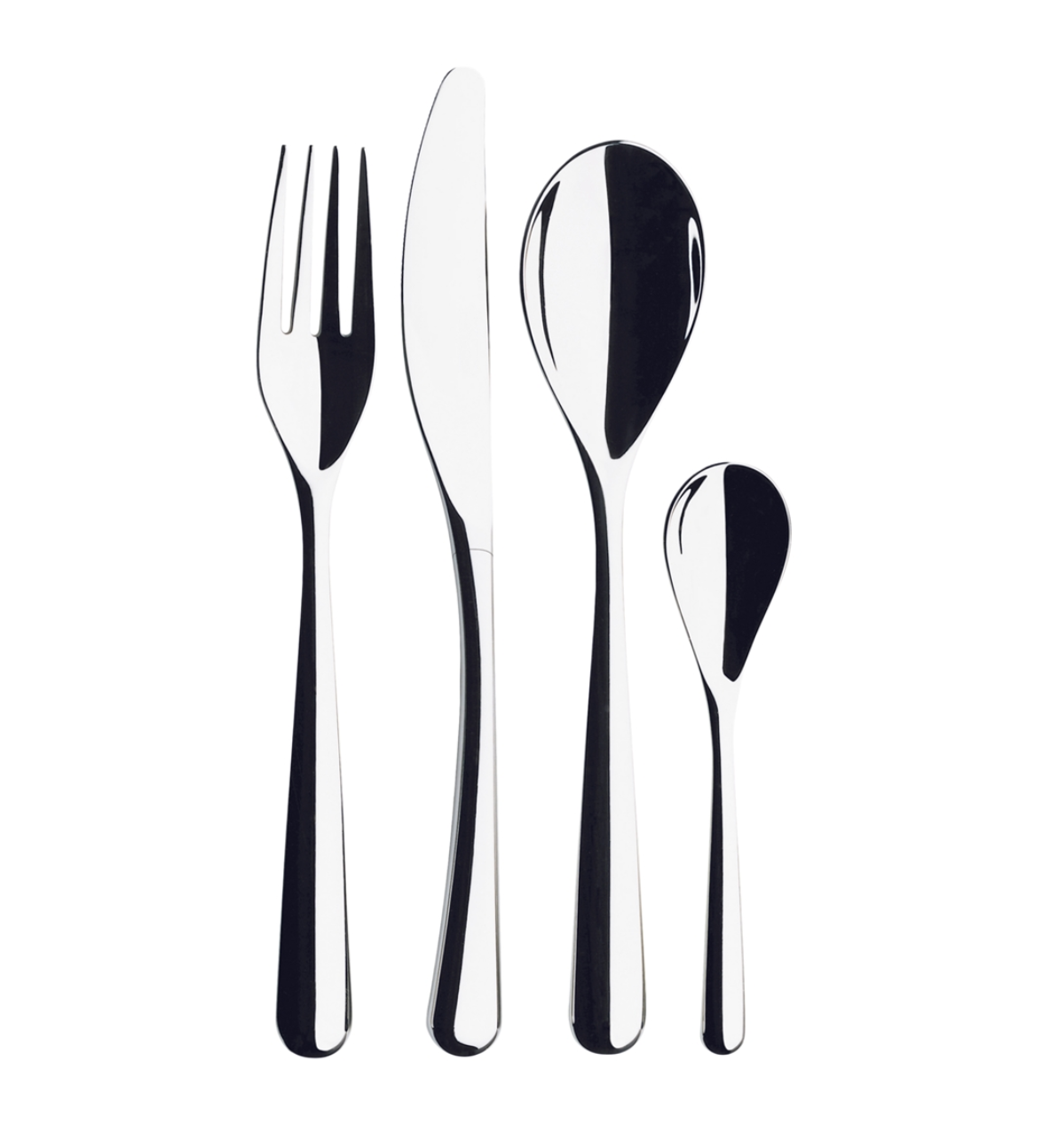 The Piano Cutlery Gift Box features four shiny stainless steel pieces—a fork, knife, tablespoon, and teaspoon—arranged upright side by side on a white background.