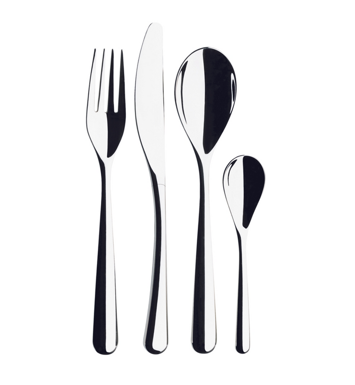 The Piano Cutlery Gift Box features four shiny stainless steel pieces—a fork, knife, tablespoon, and teaspoon—arranged upright side by side on a white background.