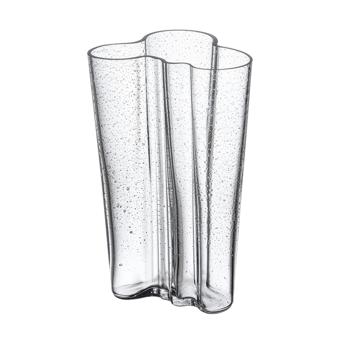 The Alvar Aalto Bubble Vase features clear glass with wavy edges, an organic form, and small bubbles throughout the design by Alvar Aalto, shown against a white background.