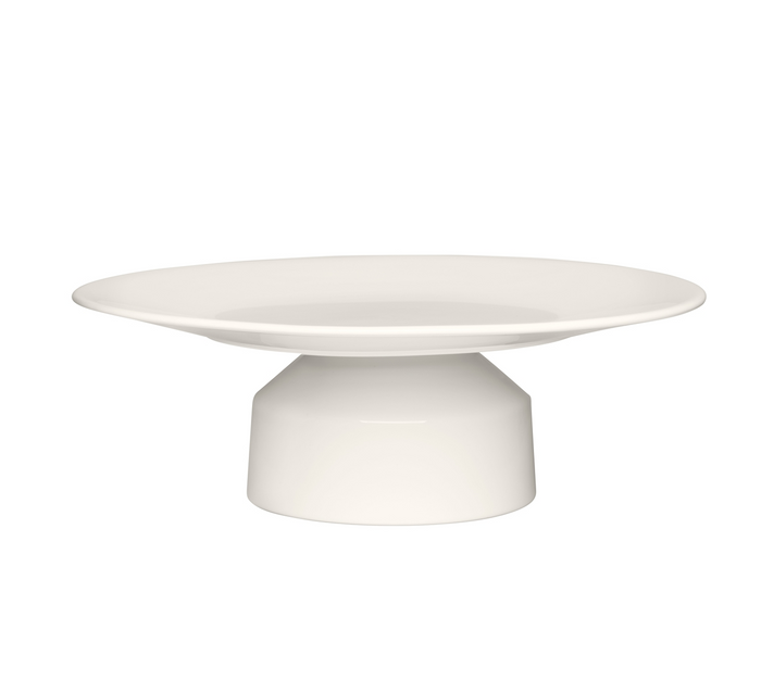 The Solare Serving Tray, a white stoneware platter inspired by Iittala, features a wide, flat top with a short, sturdy base and is elegantly displayed on a plain white background.