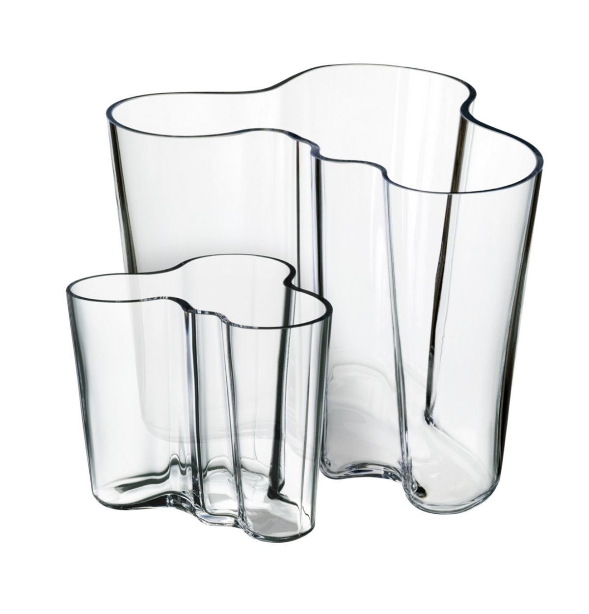 The Alvar Aalto Vase Set of 2 features clear, wavy-edged glass vases of different heights with iconic organic shapes, placed side by side on a white background.