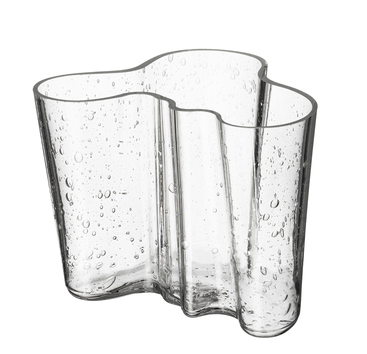 The Alvar Aalto Bubble Vase features a clear, wavy-edged design with an organic shape and small air bubbles, celebrating the iconic style of Alvar Aalto.