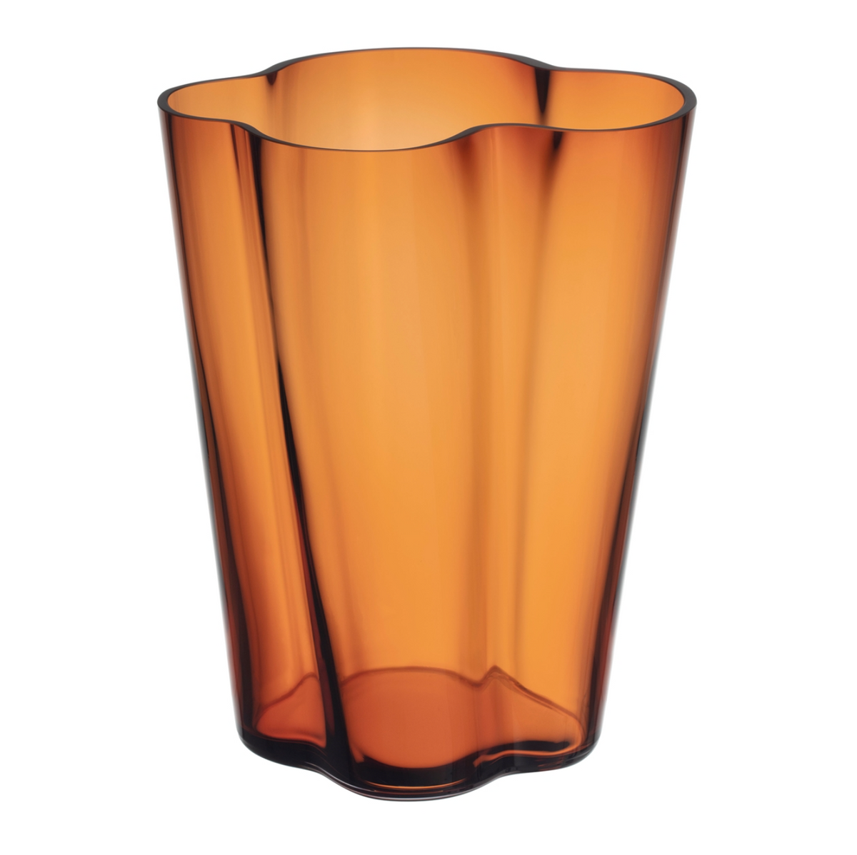 The Alvar Aalto Vase, 270 mm, is a translucent amber glass vase with a wavy organic rim and smooth flowing sides inspired by Finnish design, echoing the iconic Iittala Aalto style, shown against a white background.