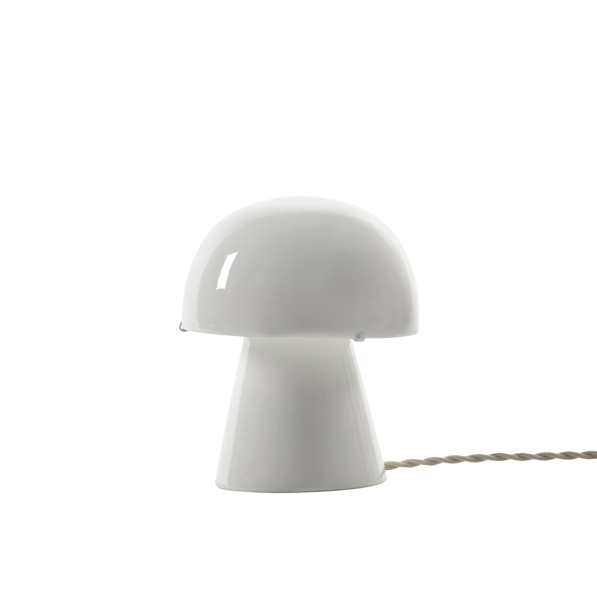 White Joe n°1 Table Lamp made of bone china, featuring a wide, rounded mushroom-shaped shade and a power cord.