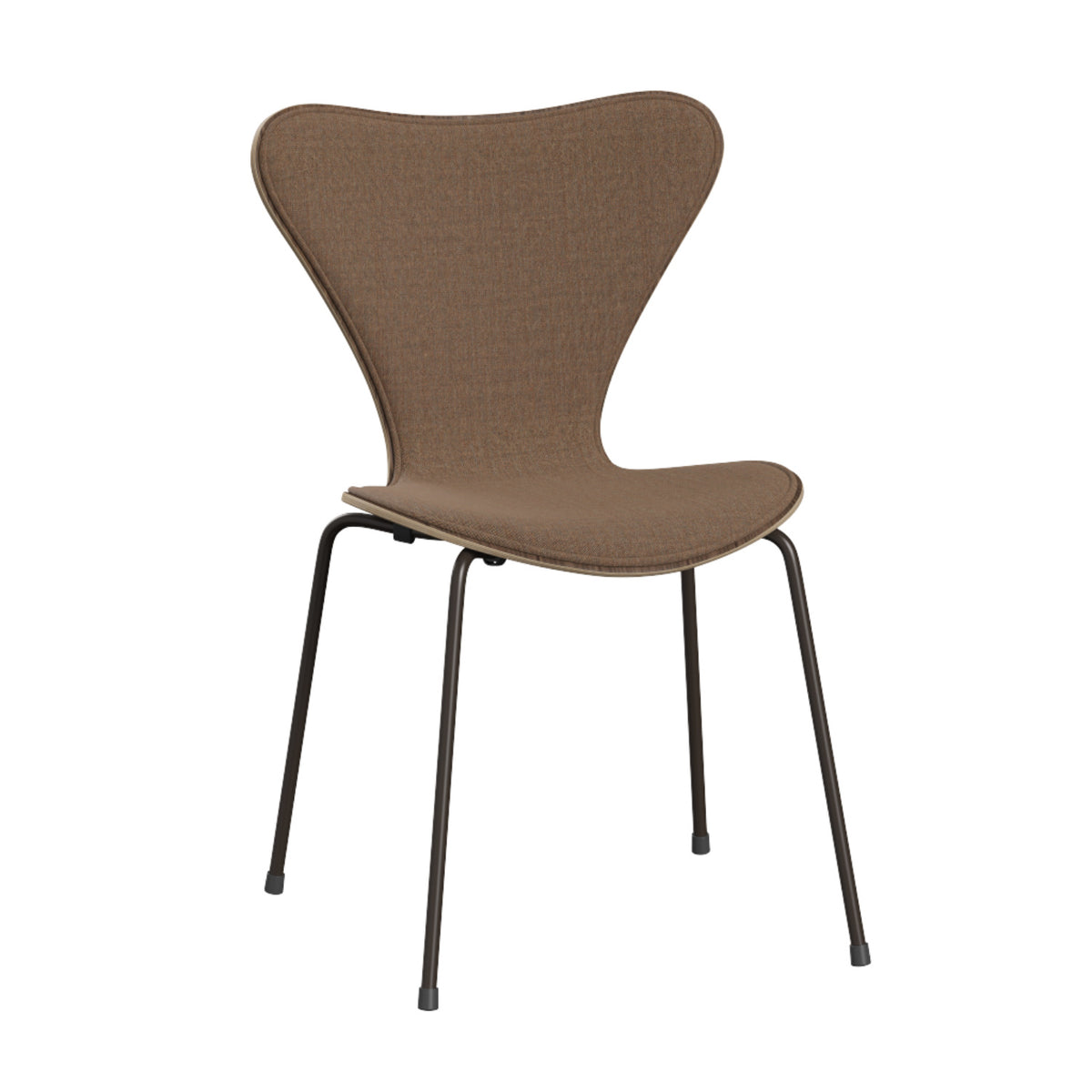 The Series 7 Chair, Front Upholstered in Technicolor Fabric by Fritz Hansen features a brown fabric finish with a gracefully curved backrest and seat, supported by four slender black metal legs. Drawing inspiration from Danish design principles and echoing Arne Jacobsen’s iconic aesthetic, this minimalist and modern chair is ideal for dining or office settings. The chair is showcased against a plain white background.