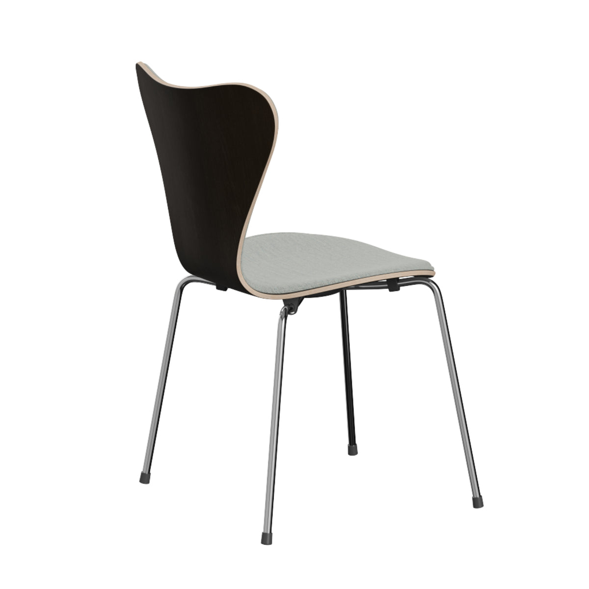 The Series 7 Chair by Fritz Hansen, shown front-upholstered in Technicolor fabric, features a modern Danish-inspired design with a gracefully curved dark wooden backrest, a light gray cushioned seat, and four slender metal legs, presented from a rear side angle against a white background.