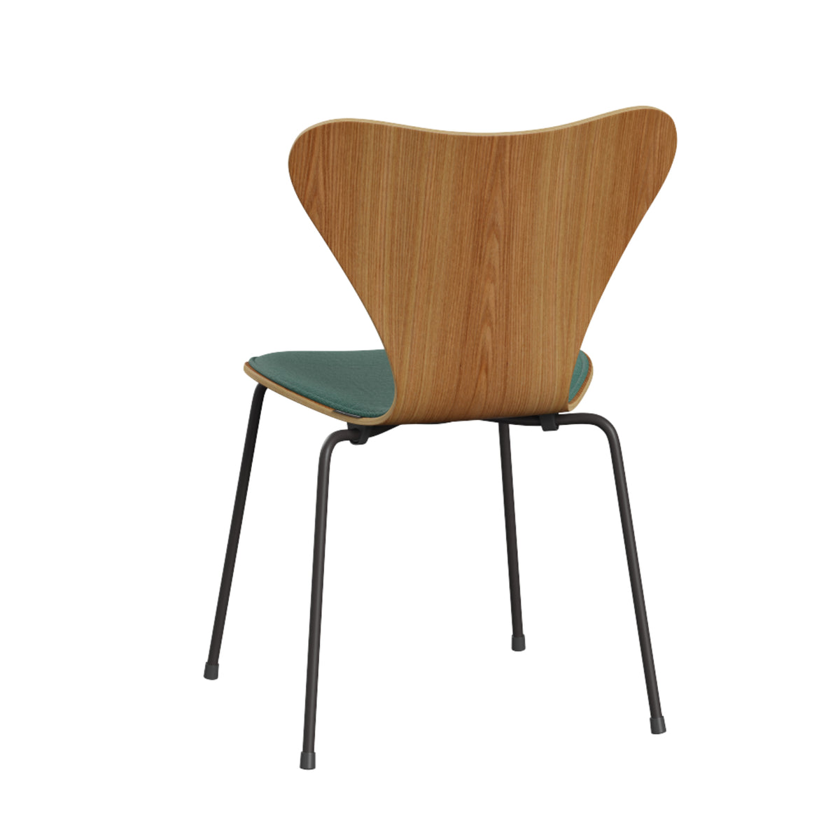 The Series 7 Chair by Fritz Hansen, front upholstered in technicolor fabric, showcases Danish-inspired modern design with a curved wooden backrest, teal cushioned seat, and black metal legs. The chair is pictured from the back against a white background.