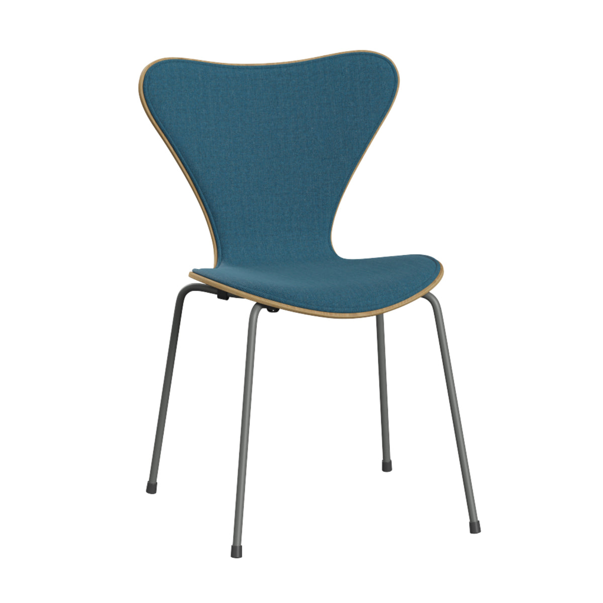 The Fritz Hansen Series 7 Chair, Front Upholstered in technicolor fabric, is a modern piece inspired by Danish design with a curved blue seat and backrest, light wood accents, and four slender metal legs reminiscent of Arne Jacobsen’s iconic style.