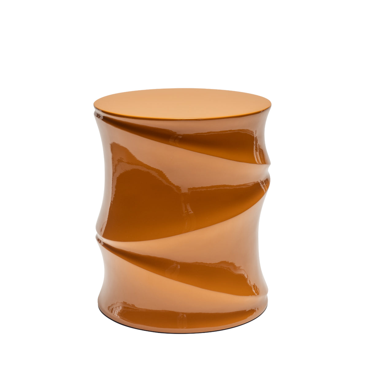Introducing the Simeti Occasional Table by Ligne Roset: a glossy orange ceramic stool featuring a twisted, spiral design along the sides and a smooth, flat top. Handcrafted in Vietnam with a lustrous lacquer finish, it’s perfect as an occasional table.