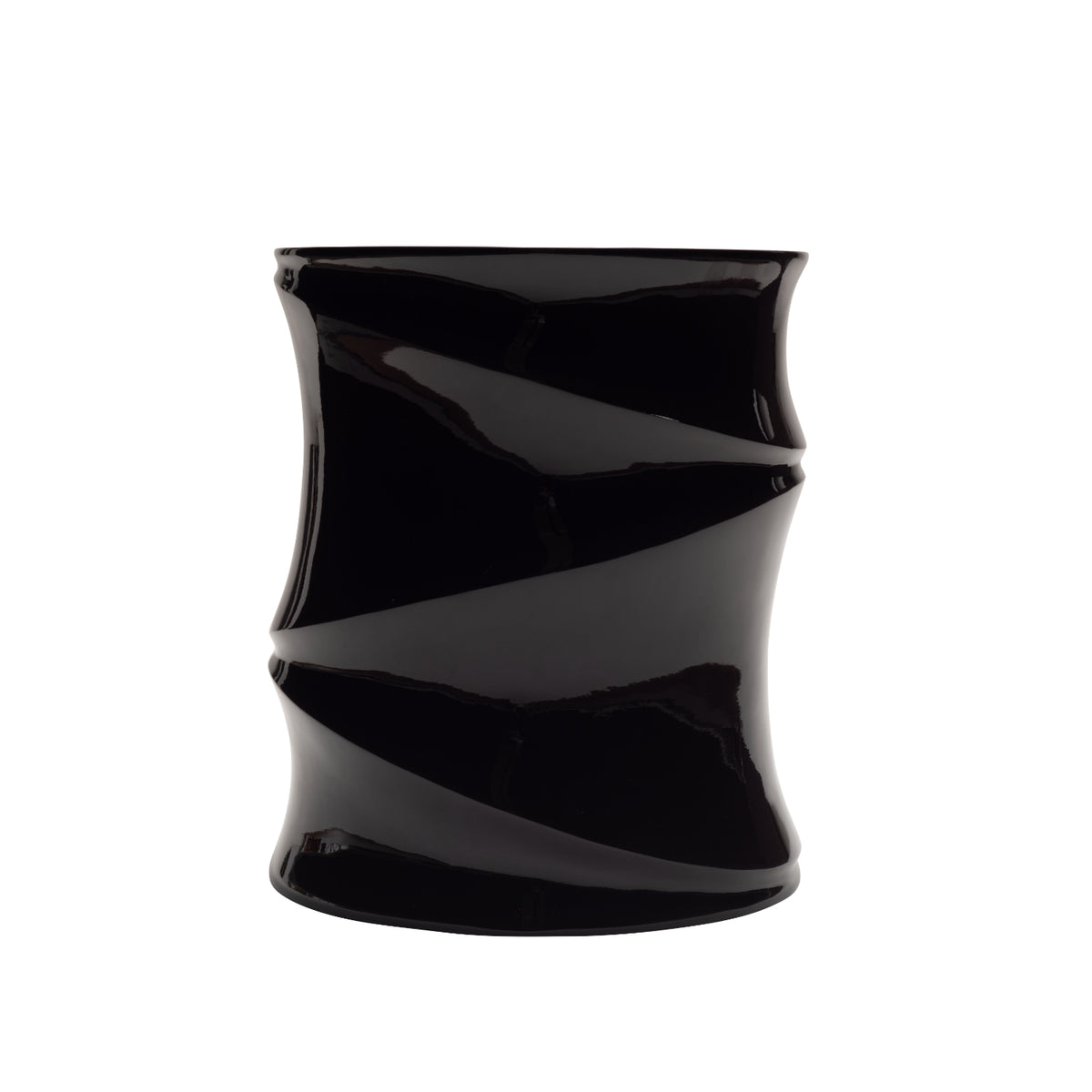 A glossy black cylindrical occasional table named the Simeti, featuring a striking twisted, spiral design by Ligne Roset. Handcrafted in Vietnam with a stunning glossy lacquer finish, it is showcased against a plain white background.