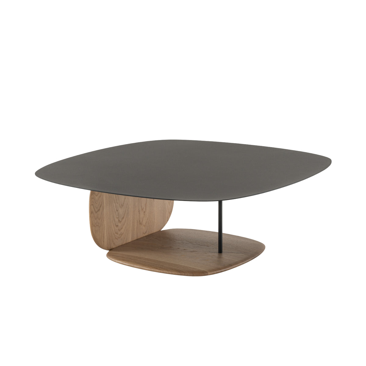 A low, square Suiren Low Table by Ligne Roset with a thin black steel top supported by a single thin metal leg and a curved solid oak base.