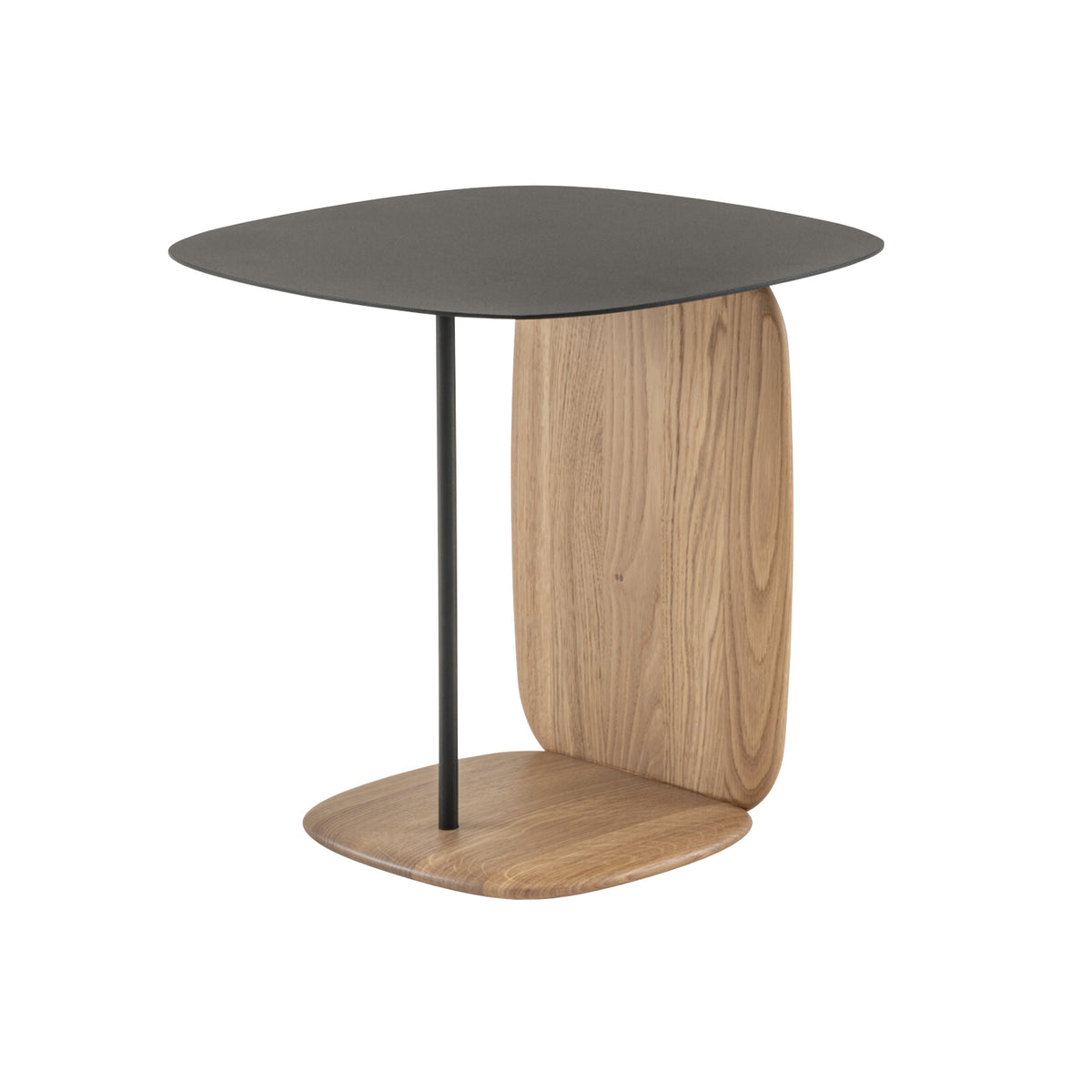 A Ligne Roset Suiren Occasional Table featuring a black steel top, a single thin metal support, and an oak base with a wood grain side panel.
