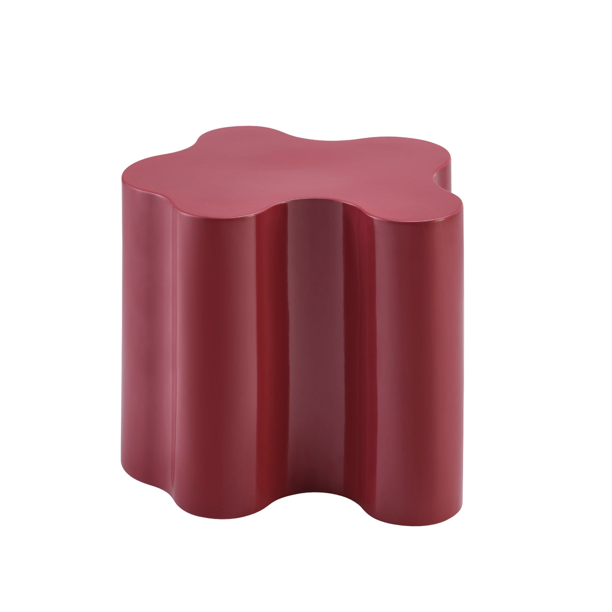 A dark red Saba Teatro Magico Low Table with a sculptural, five-lobed clover shape.