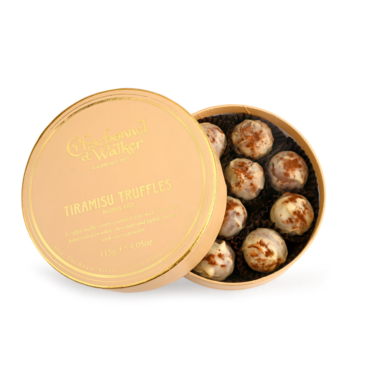A round box of Charbonnel & Walker Tiramisu Truffles 110g dusted with cocoa powder, with the open lid leaning against the box.