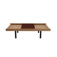 Ligne Roset Tray Low Table featuring a low rectangular oak-veneered surface with a raised edge, a flat dark center panel, and four cylindrical black legs.