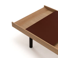 Low Ligne Roset Tray Low Table with a raised edge, a dark red rectangular inlay on its surface, and a black cylindrical leg.