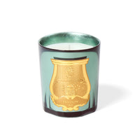 Trudon Holiday Candle 270g in a teal glass vessel featuring a central gold emblem.