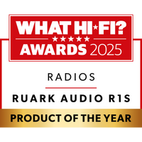 Red, white, and gold What Hi-Fi? Awards 2025 badge for radios, announcing the Ruark R1S Smart Radio as Product of the Year.