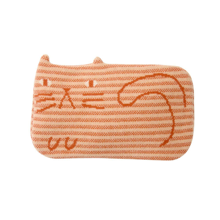 Introducing the Donna Wilson Ginge Cat Hot Water Bottle, a rectangular orange cushion with horizontal stripes and a simple cat face and tail design. Made in the UK, this charming accessory features two small ears at the top, reminiscent of a cozy lambswool hot water bottle.
