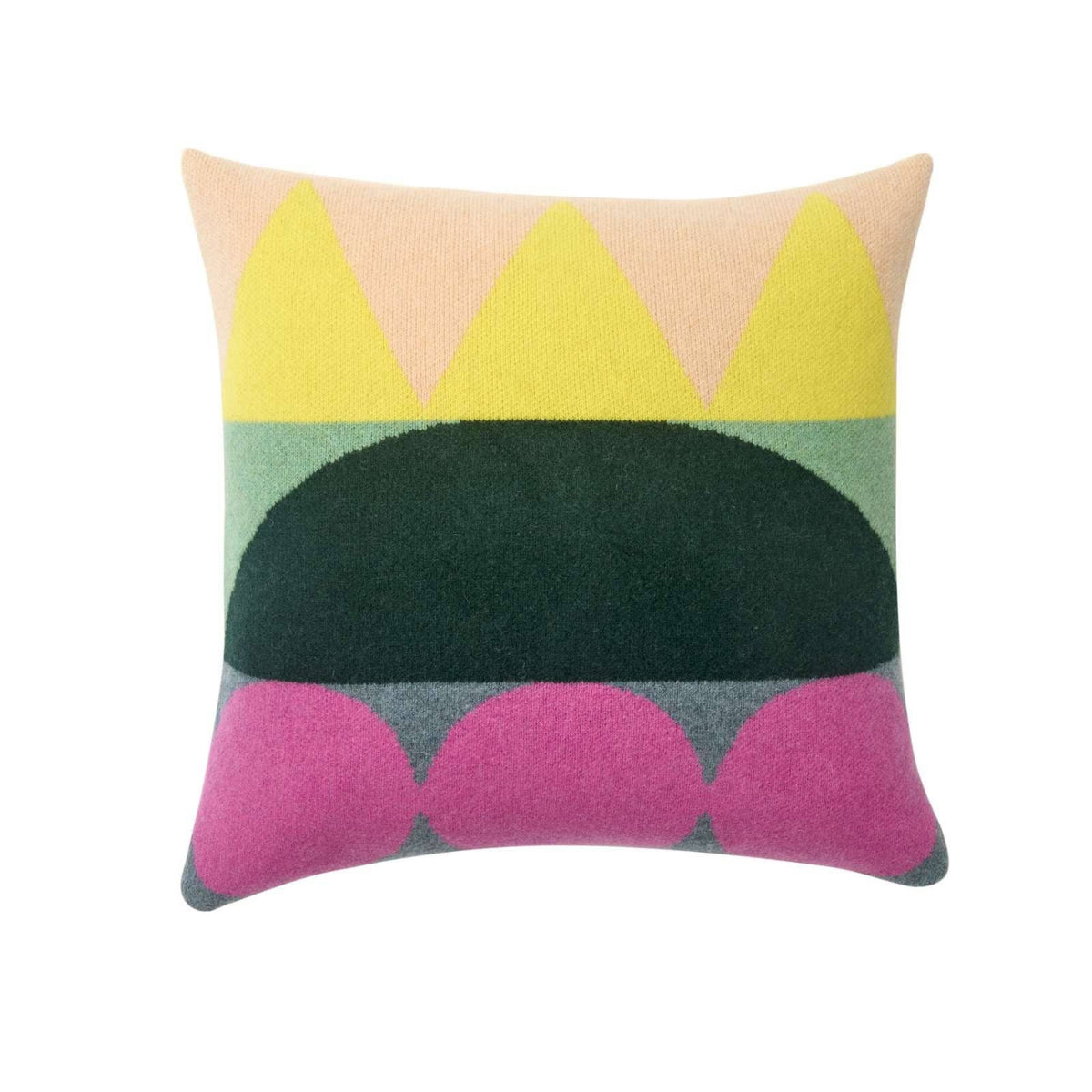 Donna Wilson’s Totem Large Square Cushion - Green: Crafted in the UK, this spacious lambswool pillow features an abstract geometric design with bold yellow triangles at the top, a striking green half-circle in the center, and playful pink semicircles at the bottom, all set on a light background. Perfect for adding a modern touch to your home décor.