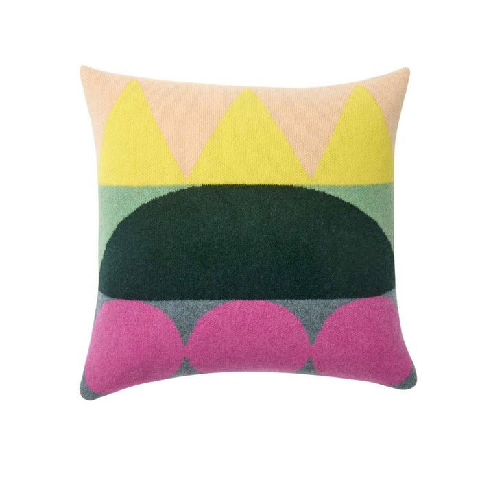 Donna Wilson’s Totem Large Square Cushion - Green: Crafted in the UK, this spacious lambswool pillow features an abstract geometric design with bold yellow triangles at the top, a striking green half-circle in the center, and playful pink semicircles at the bottom, all set on a light background. Perfect for adding a modern touch to your home décor.