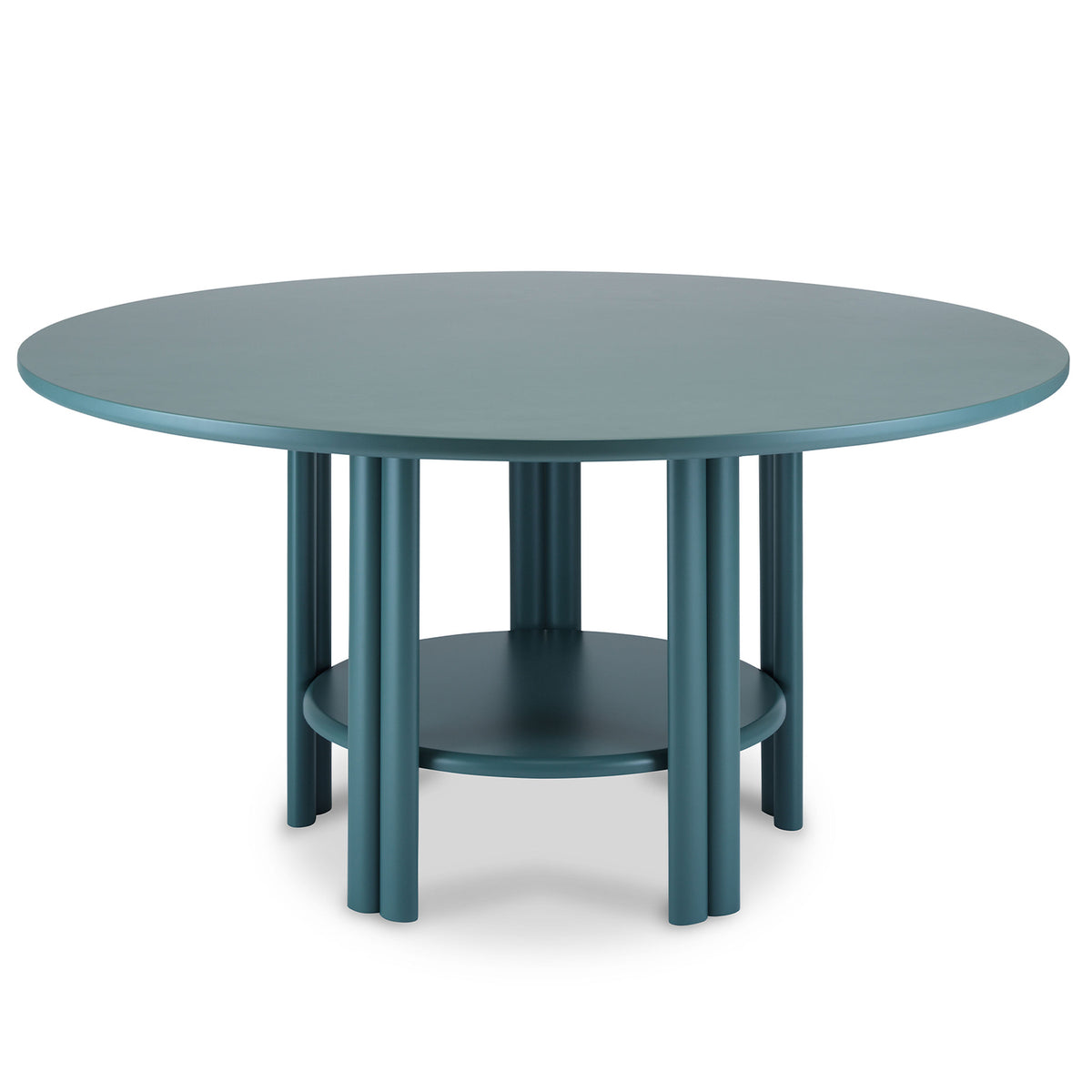 The Saba Anam Dining Table features a modern round teal design with a smooth top, multiple cylindrical legs, and a connecting circular lower shelf—an ideal centerpiece for any stylish dining space.
