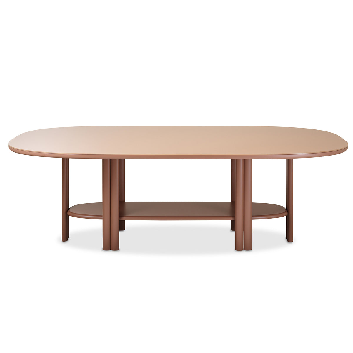 The Saba Anam Dining Table is a modern, oval-shaped piece featuring a smooth light brown top, six cylindrical legs, a matching lower shelf for storage, and a cohesive brown finish throughout.