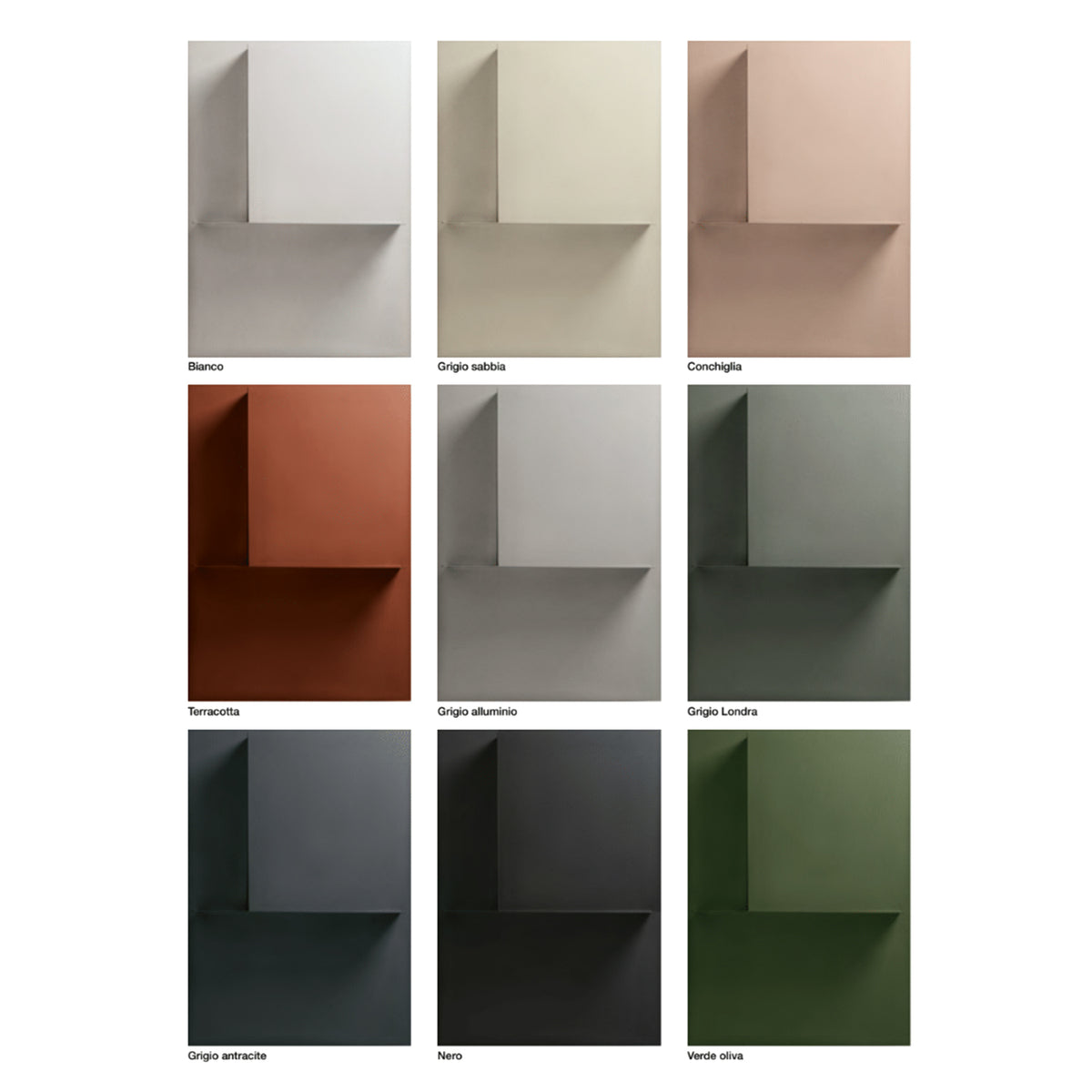Nine 3D cubes in a range of matte finishes—Bianco, Grigio Sabbia, Conchiglia, Terracotta, Grigio Alluminio, Grigio Londra, Grigio Antracite, Nero, and Verde Oliva—make up the Avenue Library Shelving H96cm by Kristalia. Perfect for designing a contemporary bookcase or modular bookshelf that brings both style and versatility to your space.
