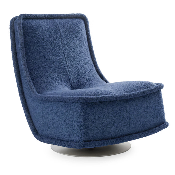 The Bonheur du Jour Lounge Chair by Kartell features deep blue textured fabric, a sleek curved design, and a rounded metal swivel base—combining style and comfort for any modern living room. Inspired by Philippe Starck.