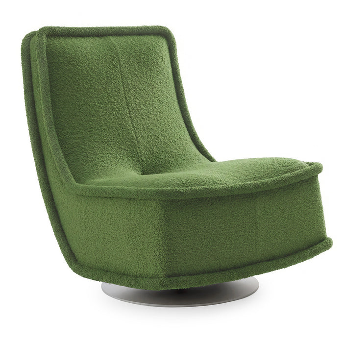 The Bonheur du Jour Lounge Chair by Kartell features plush, textured upholstery and a modern green swivel design with a curved, low-slung silhouette—ideal for elevating any contemporary living room.