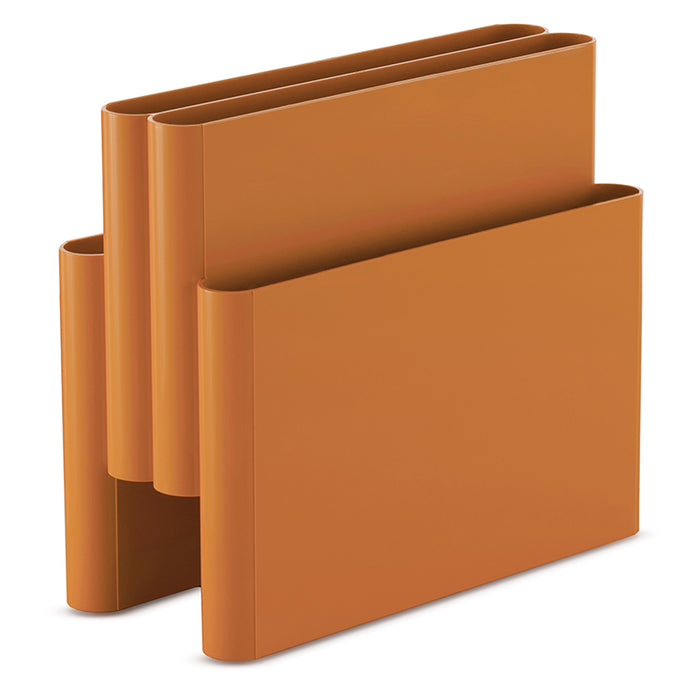 The Kartell Magazine Rack is a modern orange organizer inspired by mid-century Italian design, featuring three compartments of varying heights in smooth, rounded plastic, showcased against a white background.