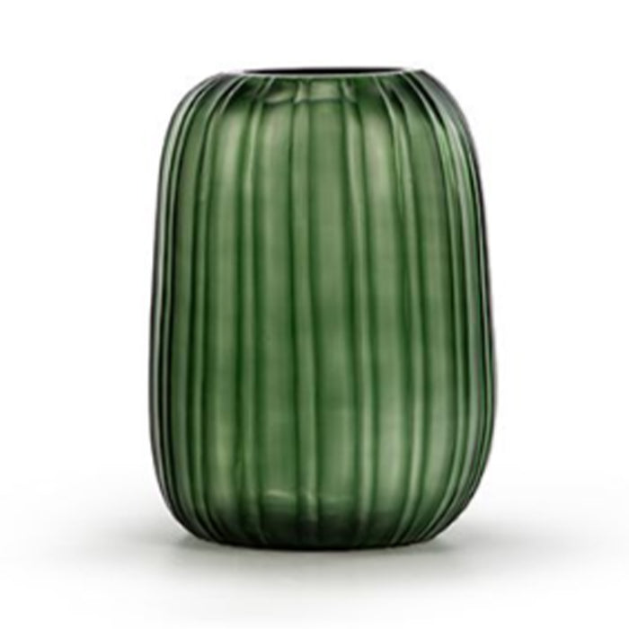 The Erongo Vase by Guaxs is a tall, cylindrical green vase featuring a matte finish and vertical ridges, shown against a plain white background.