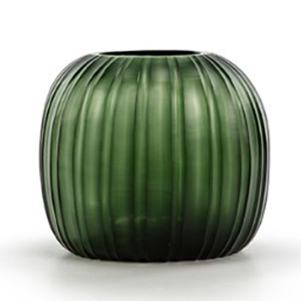 The Erongo Vase by Guaxs is a round, dark green mouth-blown glass vase with vertical ridges, showcasing handmade artistry against a white background.