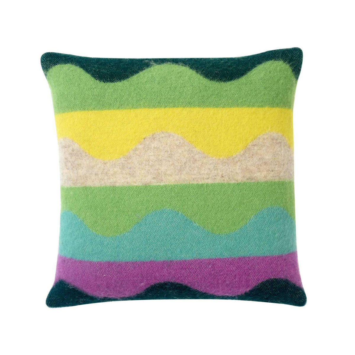 The Wiggle Square Cushion - Green by Donna Wilson is a square lambswool cushion with wavy, horizontal stripes in green, yellow, beige, blue, and purple on a white background. Made in the UK.
