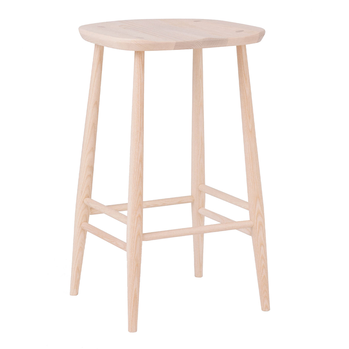 The Ercol Counter Stool, 65cm, features a light solid ash construction with four tapered legs, horizontal supports near the base, and a square seat with rounded edges inspired by classic Ercol furniture.