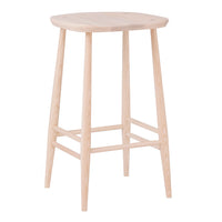 The Ercol Counter Stool, 65cm, features a light solid ash construction with four tapered legs, horizontal supports near the base, and a square seat with rounded edges inspired by classic Ercol furniture.