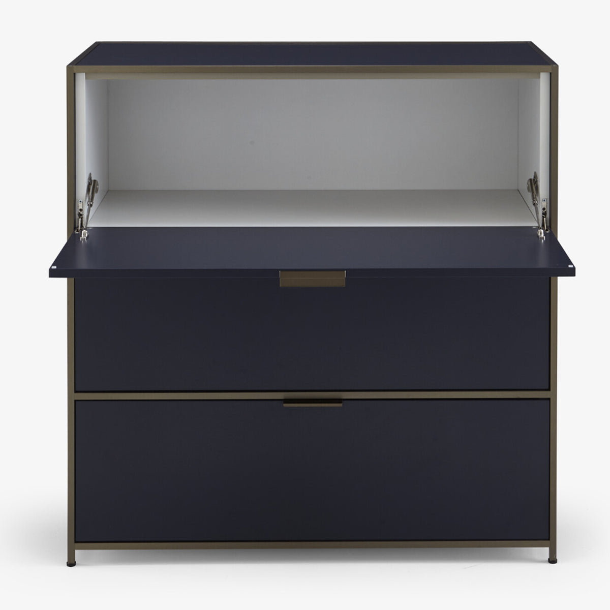 A dark blue Dita Secretaire Desk by Ligne Roset features two large drawers and an open top compartment with a drop-down front, shown against a plain white background.