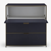 A dark blue Dita Secretaire Desk by Ligne Roset features two large drawers and an open top compartment with a drop-down front, shown against a plain white background.