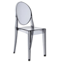 An Ex-Display Victoria Ghost Chair by Kartell, featuring a modern design with a round backrest and straight legs crafted from clear acrylic, inspired by Philippe Starck’s iconic creation, displayed against a white background.