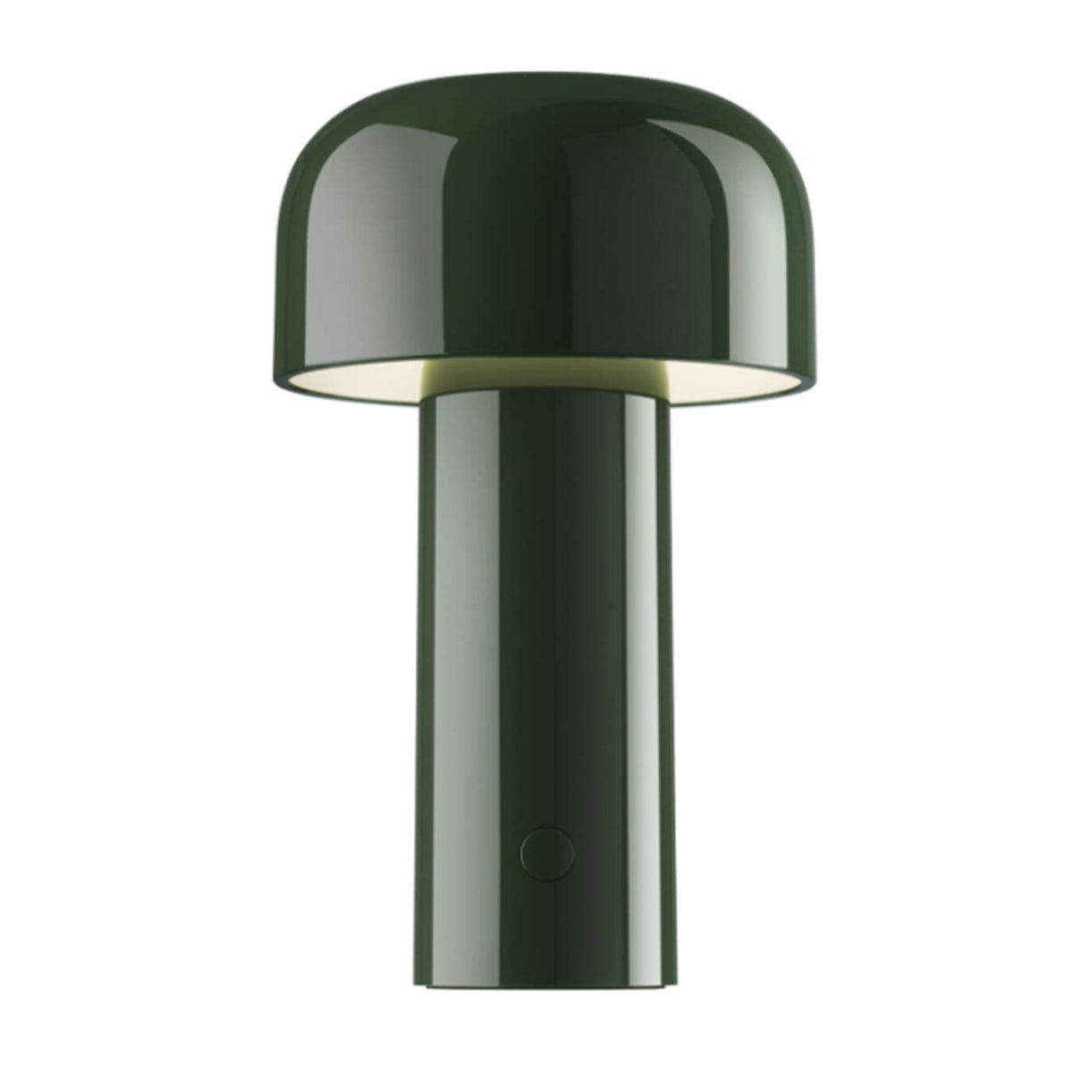 The Flos Bellhop Portable Lamp, IP54, features a modern dark green design with a cylindrical base and mushroom-shaped shade, offering stylish cordless lighting in a rechargeable table lamp.