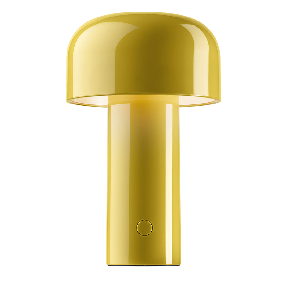 The Flos Bellhop Portable Lamp, IP54, is a modern yellow rechargeable table lamp with a glossy mushroom-shaped shade, cylindrical base, and small round button. This cordless lighting option features a minimalist contemporary design.