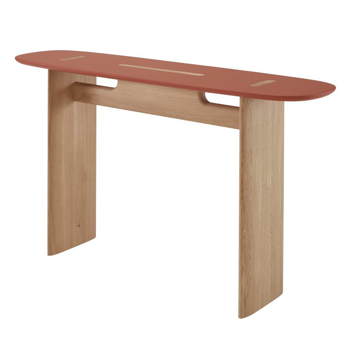 Ligne Roset Intervalle Console Table featuring a rectangular light wood base and an elongated, elliptical top in reddish-orange with inset light wood accents.