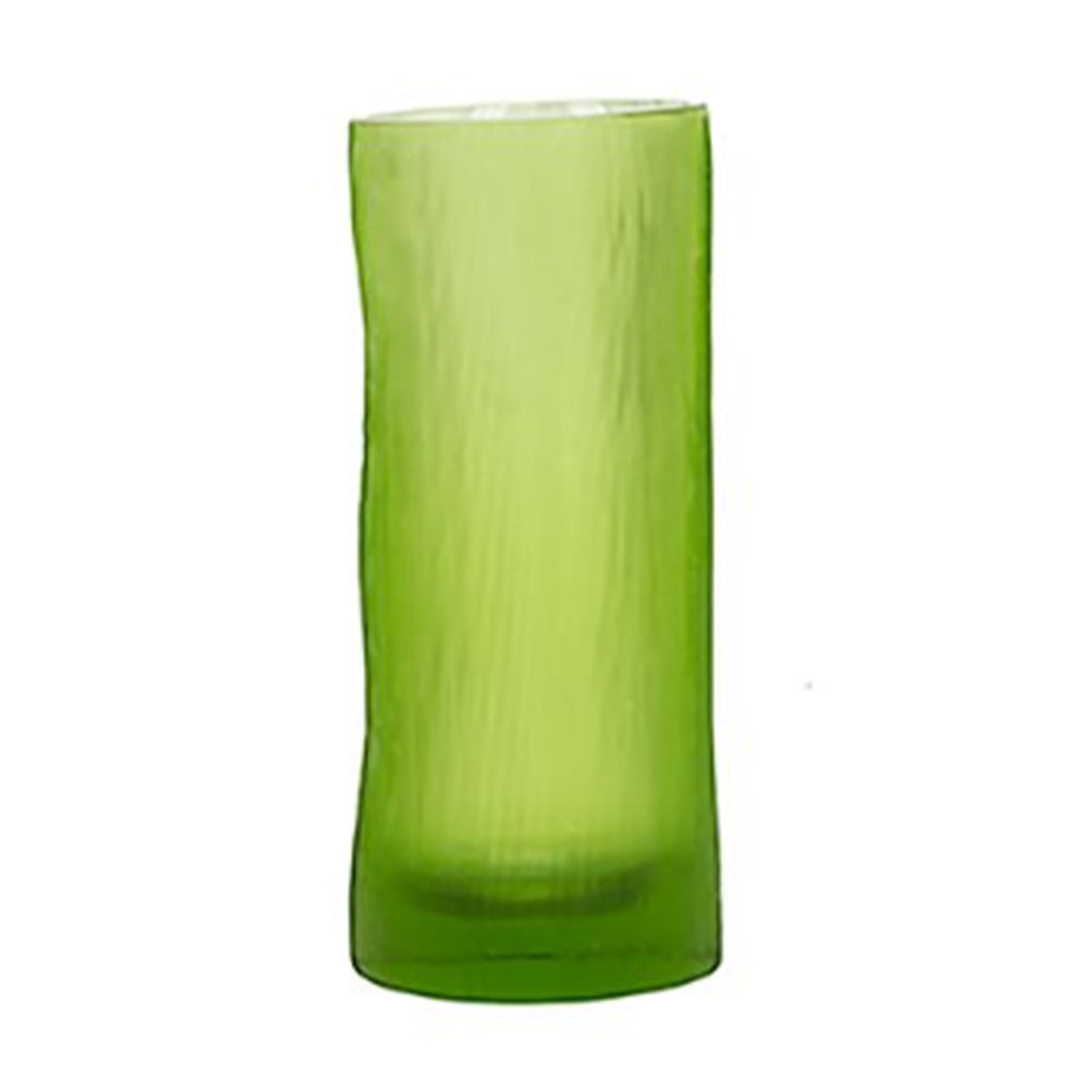 The Tube Vase, Light Green by Guaxs is a tall, cylindrical vase handcrafted in Germany from mouth-blown glass. Its subtly uneven surface and base highlight artisanal quality, shown upright against a plain white background.