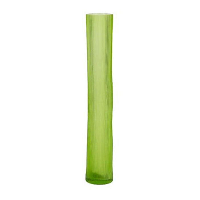 The Tube Vase, Light Green by Guaxs is a tall, cylindrical vase made from mouth-blown green glass with a smooth yet subtly uneven handmade finish, crafted in Germany and shown upright against a white background.