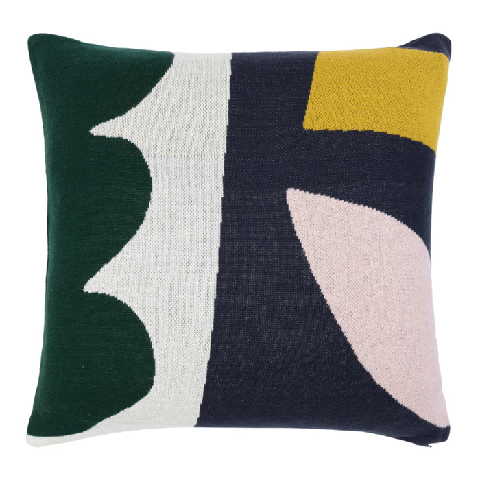 The Orbi Cushion by Sophie Home features an abstract geometric design in green, navy, mustard, pink, and white on textured fabric—an eco-friendly accent perfect for modern homes.