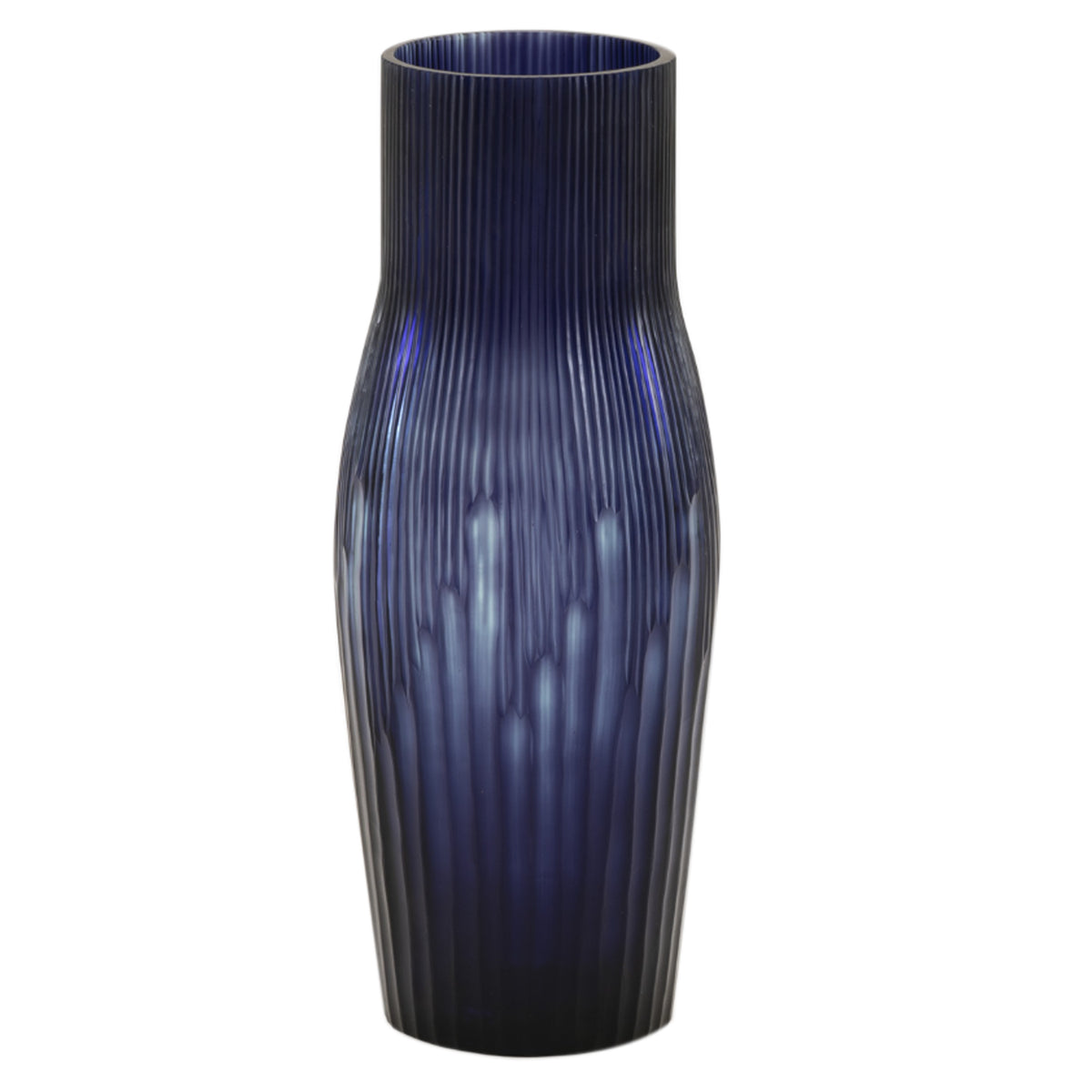 The Purple Rain Vase by Ligne Roset is a tall, cylindrical mouth-blown glass vase in deep blue with a narrow neck and vertical textured ridges, offering a striking contemporary decorative accent.