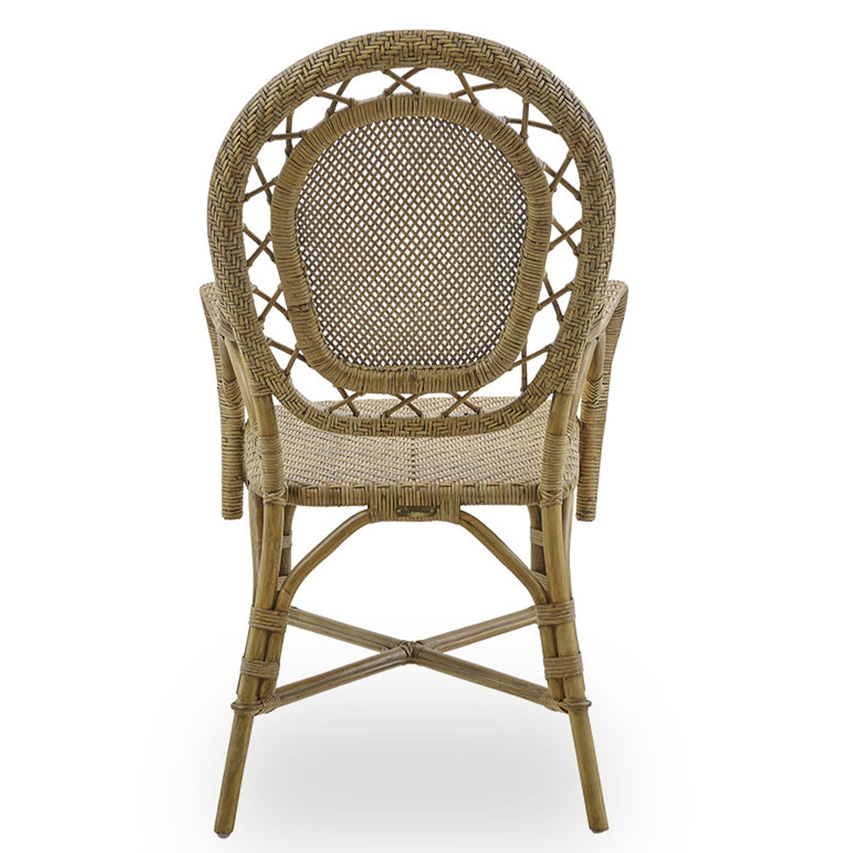 The Romantica Wicker Chair by Sika Design is a handmade rattan dining chair with armrests and a rounded, intricately woven backrest, shown from the back against a white background.