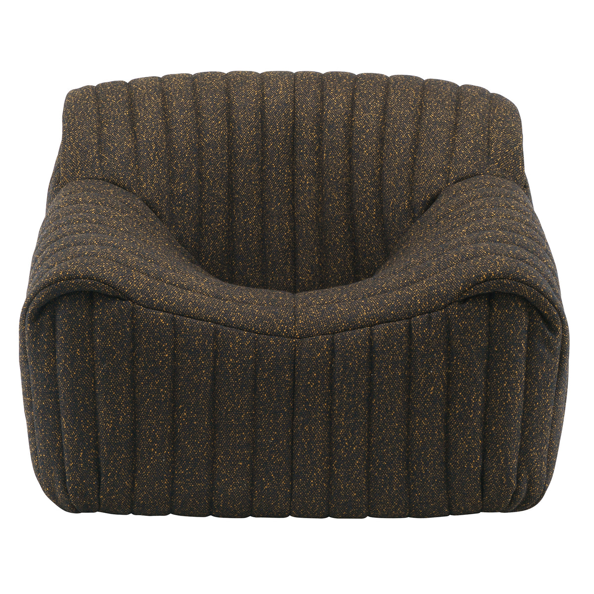 Front view of the Sandra Armchair, Vanir by Ligne Roset—a low, modern retro lounge chair with thick, rounded cushioned sides and back, upholstered in dark brown textured fabric with subtle gold specks for a cozy, inviting look.